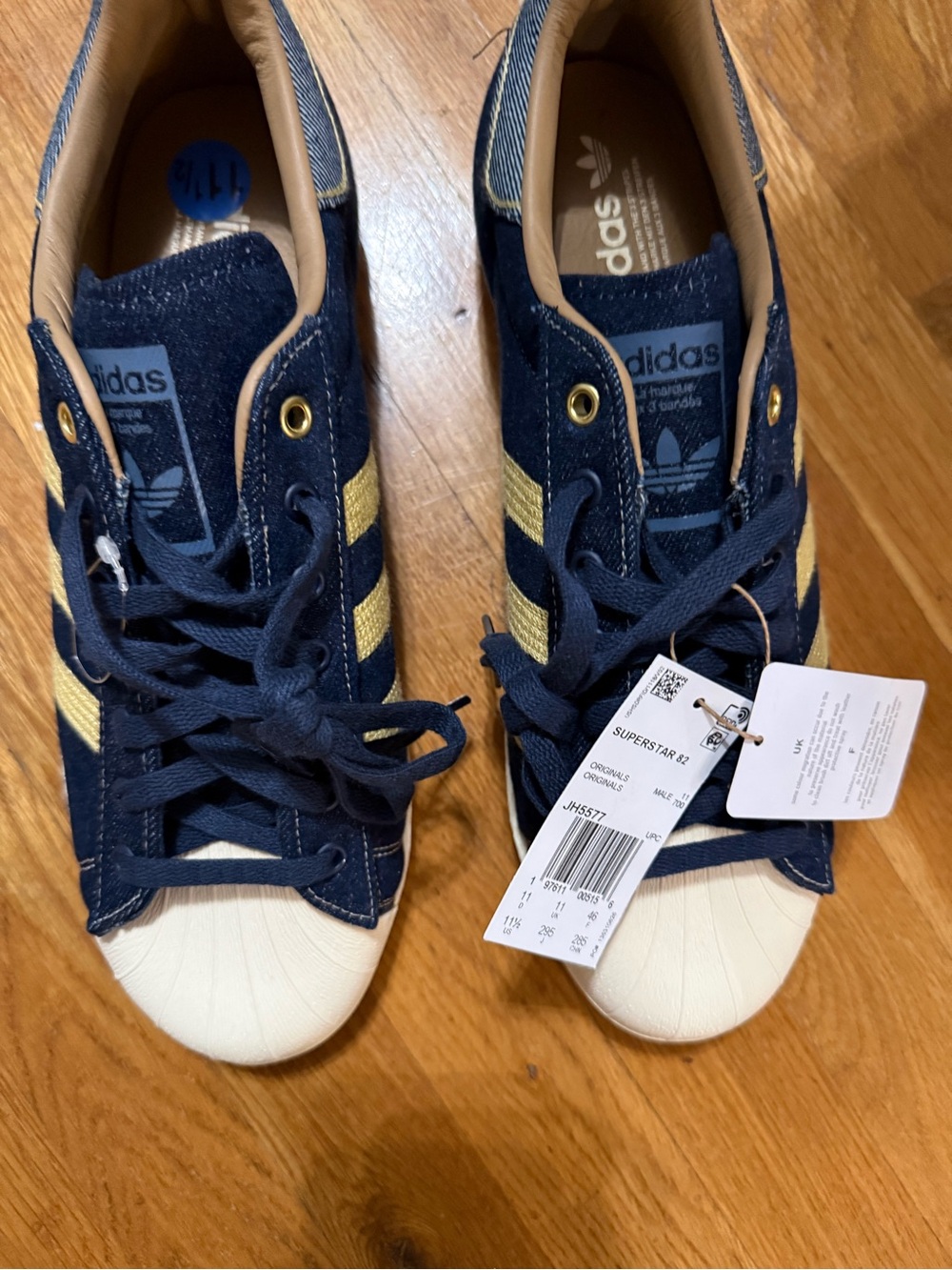 LIMITED EDITION DENIM Navy ADIDAS with Gold Stripes and White Shell Toes